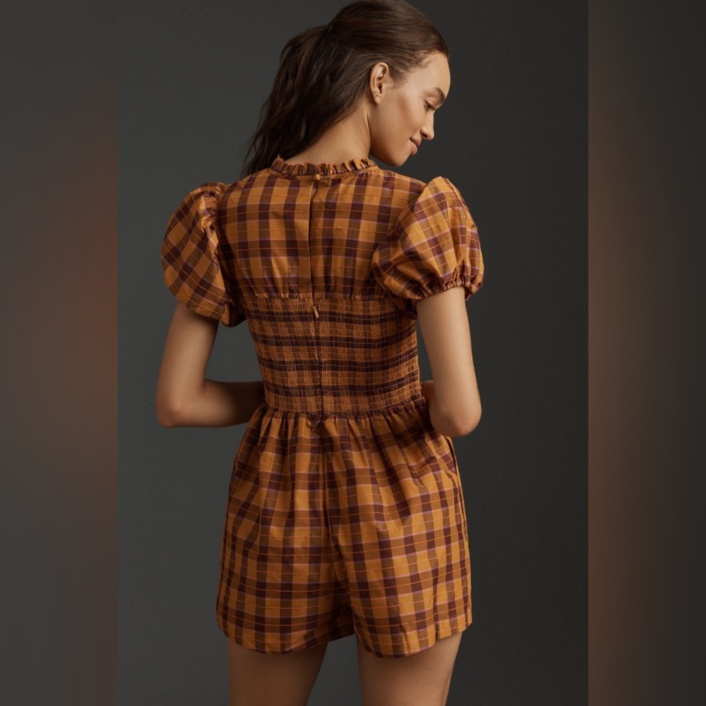 Anthropologie Maeve Puff-Sleeved Smocked Romper Orange Plaid - Size Medium - Picture 2 of 10